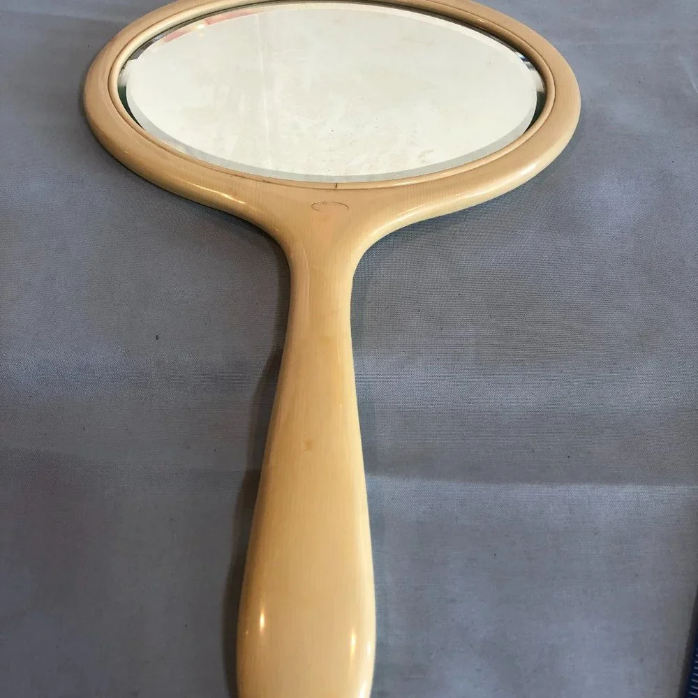 VINTAGE Ivory Py-ra-lin Handheld Vanity Mirror Celluloid #F31